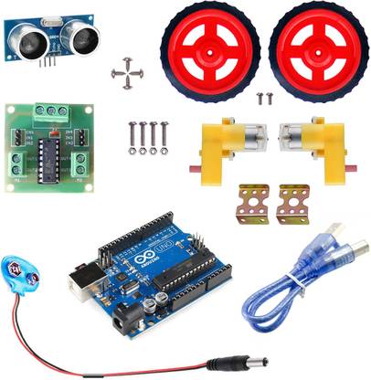 Kit4Curious Arduino Robot DIY Kit- Arduino UNO, Cable, Ultrasonic sensor, Motor driver L293, BO Motor, Clamp, Wheel, 9v-DC Lead