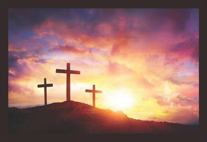 Mad Masters Mad Masters Crucifixion Of Jesus Christ At Sunrise - Three Crosses On Hill 1 Piece wooden framed painting |Wall Art | Home Décor | Painting Art | Unique Design | Attractive Frames Digital Reprint 12 inch x 18 inch Painting