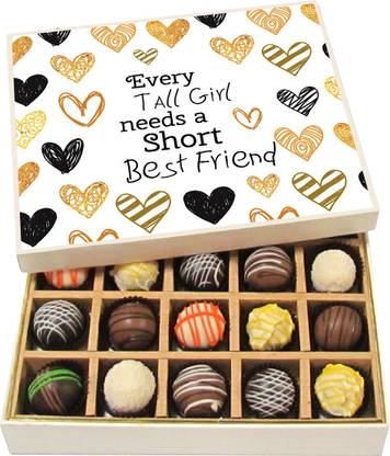 Chocholik Friendship Gift - Every Tall Girl Need a Short Best Friend - Dark, Milk, White Chocolate - 20pc Truffles