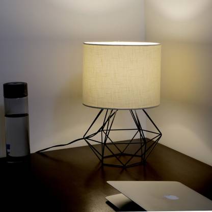 Craftter Textured Off White Fabric Shade Black Diamond Metal Base Decorative Night Bedside Small Table Lamp In India Table Lamp, Off White Textured Lamp Shade