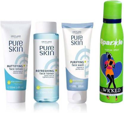 Oriflame Sweden pure skin mattifying face lotion (50) & one pure skin toner (150 ml) & pure skin purifying (150) With one sparkle perfume spray 150 ml