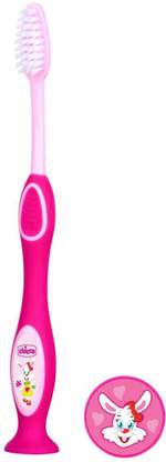 Chicco Toothbrush for milk teeth. Suitable for children aged 3 to 6 years with a cute little animal.. Pink Ultra Soft Toothbrush