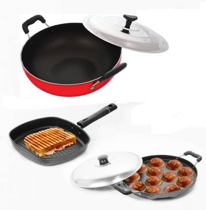 Omic Classic Range Non-Stick Aluminium Cookware Combo Appam Pan , Grill Pan & Kahdai Cookware Set Non-Stick Coated Cookware Set