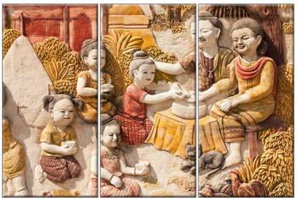 NISH! NISH! 'Village Art'Collection |3D Effect Tiles | Wall Highlighter Designer Digital Tiles (Ceramic Tiles - Semi Gloss Finish, 3ft x 2ft, UV Cured, Set of ThreeThree 1ft x 2ft Tiles) for Home, Living Room, Drawing Room, Temple Digital Reprint 24 inch x 36 inch Painting