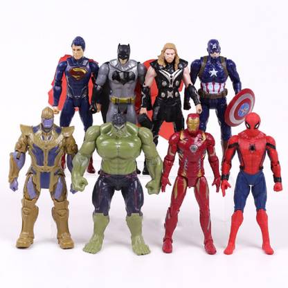 imodish Marvel Avengers Infinity War Set of 8 Spiderman, Iron Man, Hulk, Thor, Captain America, Batman, Thanos, Superman 17cms Action Figure Toys Set