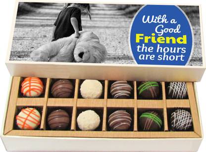 Chocholik Friendship Gift With a Good Friend, the Hours Are Short - Dark, Milk, White Chocolate Truffles -12pc Truffles