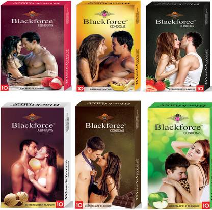 Black Force condom 60 pcs 6 set of lychee , banana , green apple , strawberry , butterschoth and chocolate flavour extraa dotted combo condom pack lowest prices Condom