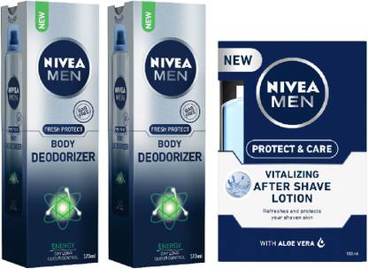 Nivea Men Energy Body Deodoriser & Protect & Care After Shave Lotion Combo - Pack of 3 Deodorant Spray - For Men