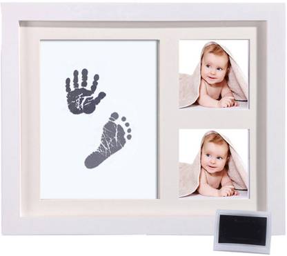 Desi Rang Baby Handprint & Footprint DIY Kit with Photo Frame and place for 2 Photos Black ink & White Frame Keepsake