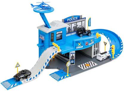 IndusBay 1:64 Alloy Series Urban Police Station Setup Garage Parking Lot Toy Set with helipad Die-Cast Vehicle Helicopter & Police jeep