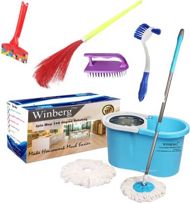 Winberg spin Mop home cleaning combo pack Mop, Broom, Toilet Brush, Bucket, Cleaning Brush