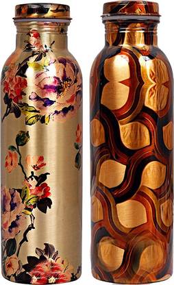 deva group of industries Printed Flower Design || Set Of 2 Copper Bottle ||Storage Water & Travelling Purpose || Each - Capacity 1000 ML|| Home Garden Hotel Restaurant Ware Good Health Benefits Indian for Indian Yoga Ayurveda Gift Item 1000 ml बॉटल