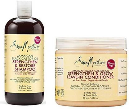 Shea Moisture Jamaican Black Castor Oil Combination Pack - Strengthen & Restore Shampoo 16.3 Oz & Strengthen & Restore Leave-In Conditioner 16 Oz