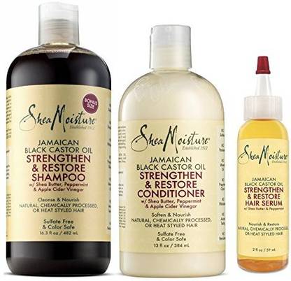 Shea Moisture Jamaican Black Castor Oil Strengthen Grow & Restore Combination Pack Shampoo 16.3 Ounce | Conditioner 13 Ounce | Hair Serum 2 Ounce