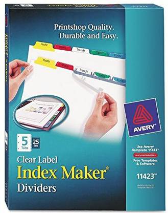 Generic Avery Index Maker Clear Label Dividers, Easy Apply Label Strip, 5-Tab, Multi-Color, 25 Sets (11423)
