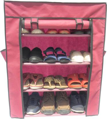 Homecute Shoe Rack 4 layer with Cover, Door, Closed, Collapsible, Portable, Movable, Cloth Cabinet, Organiser and Almirah types, Steel Metal Pipe, Plastic and Non-Woven Fabric one colour Red Metal Shoe Stand