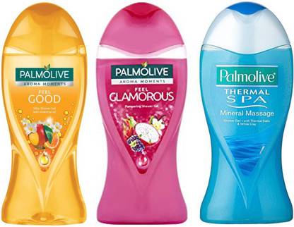 PALMOLIVE Mix Variety Shower Gel Aroma Moments Feel Good With Essintial Oil, Feel Glamorous Pampering ,Thermal Spa Mineral Massage White Clay (3x 250 ML)