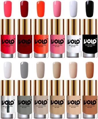Volo Luxury Super Shine Nail Polish Set of 12 Vibrant Shades Combo-No-333 Coral, Matte White, Nude Tude, Red, Extra Shine Top Coat, Black, Grey, Carrot Red, Light Pink