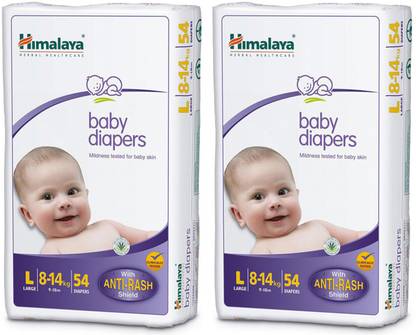 Himalaya Herbals BABY TAPED DIAPERS WITH ANTI RASH SHIELD, SIZE LARGE, 54 PCS PACK, SET OF 2 PACKS, FOR BABY WEIGHT 8-14 KGS. - L