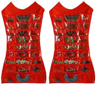 Aadhya Designs Jewellery Organizer, Hanging Dress Jewellery Double Sided Jewelry Bag/Necklaces, Chains, Earrings, Watch, Pendants, Cosmetics Accessories Storage/ Make Up Pouch , Vanity kit Red Jewellery Organizer