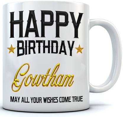 RAMPOSH Happy Birthday Gowtham Name Printed Ceramic Coffee . 350 ml Best Gift For Birthaday. Ceramic Coffee Mug