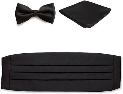Qtsy Cummerbund Pocket Square Bow Black Solid Men Tie
