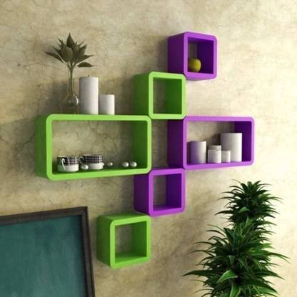 eCraftIndia Set of 6 Cubical and Rectangular Blocks Wooden Multiutility Wall Shelf (Green and Purple) वुडेन वॉल शेल्फ