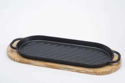 Godskitchen Cast Iron Sizzler Hot Serving Dish & Wooden Stand / Sizzler Plate - 15 X 4" - Create that authentic feel, serve your dishes sizzling at the table! Sizzler Tray