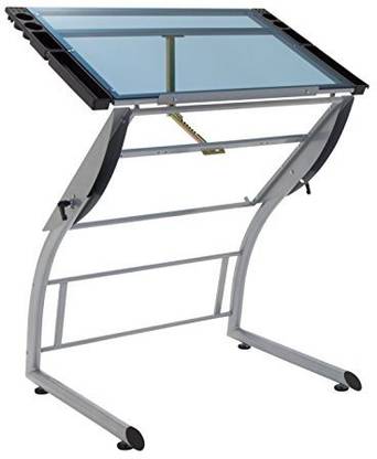 Studio Designs 10089 Triflex Drawing Table, Sit to Stand Up Adjustable Desk, Silver/Blue Glass