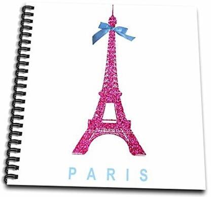 3dRose db_112907_2 Hot Pink Eiffel Tower from Paris with Girly Blue Ribbon Bow White Stylish Parisian France Souvenir Memory Book, 12 b