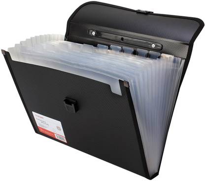 TRANBO Plastic File Folder with 13 Pockets, Handle, Index Tab, A4 Size (Black)
