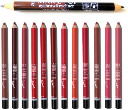 Dermacol Set of 12 matte lip liner pencil and 1 black brown eyebrow pencil eyebrow definer long lasting