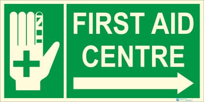 Safety World First Aid Center sign-Right Side Direction-With Hand Sign-night Glow Print-6 X 12 Inch. Emergency Sign