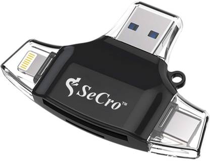 SeCro SD Card Reader 4 in 1,Memory Micro SD Card Reader USB Type C Adapter Viewer for iOS, Android & Mac - Supports Lightning Micro USB Type C (Black) Card Reader