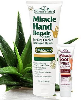 Miracle of Aloe Hand Repair Cream With 60% Ultraaloe 8 Ounce Tube Plus Miracle Foot Repair Cream With 60% Ultraaloe 1 Oz Tube