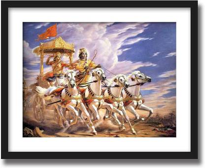 ArtCentral Spiritual Series Lord Krishna Guiding Arjuna on chariot Mahabharata Painting (Without Glass) Black Frame With Border Art Print Digital Reprint 19 inch x 15 inch Painting