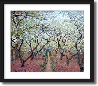 ArtCentral Orchard in Bloom, 1879 Painting By Claude Monet (Without Glass) Black Frame With Border Art Print Digital Reprint 15 inch x 19 inch Painting
