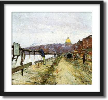 ArtCentral Charles River and Beacon Hill, 1890-92 Painting By Frederick Childe Hassam (Without Glass) Black Frame With Border Art Print Digital Reprint 18 inch x 18 inch Painting