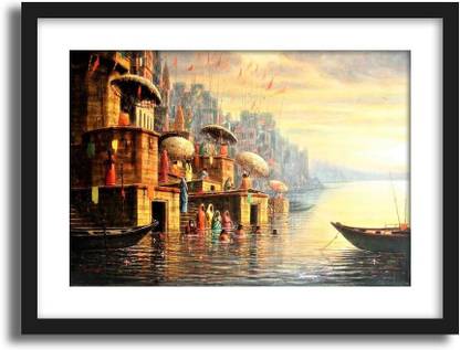 ArtCentral Spiritual Series Holy Ghats of Varanasi (Benaras) Art Type 2 Painting (Without Glass) Black Frame With Border Art Print Digital Reprint 15 inch x 21 inch Painting