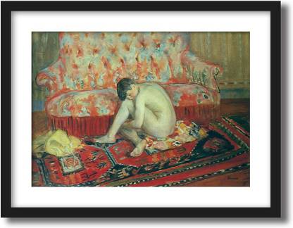 ArtCentral Nude on Red Carpet Painting By Henri Lebasque (Without Glass) Black Frame With Border Art Print Digital Reprint 19 inch x 15 inch Painting