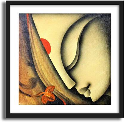 ArtCentral Indian Culture Series Traditional Indian Woman with a Big Red Bindi Art Painting (Without Glass) Black Frame With Border Art Print Digital Reprint 18 inch x 18 inch Painting