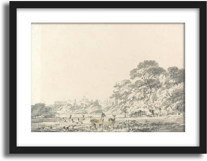 ArtCentral Windsor Castle and Park with Deer Painting By JMW Turner (Without Glass) Black Frame With Border Art Print Digital Reprint 19 inch x 15 inch Painting
