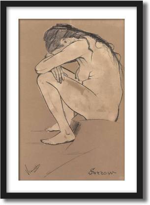 ArtCentral Sorrow, 1882 Painting By Vincent Van Gogh (Without Glass) Black Frame With Border Art Print Digital Reprint 21 inch x 15 inch Painting