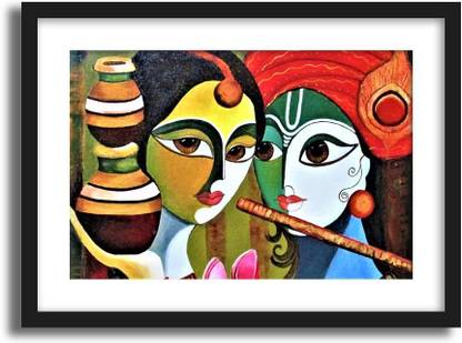 ArtCentral Spiritual Series Lord Krishna Playing the Flute with Radha Art Type 8 Painting (Without Glass) Black Frame With Border Art Print Digital Reprint 21 inch x 15 inch Painting