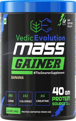 Vedic Evolution LEAN MASS GAINER Powder- 2.2 Lbs, 1 Kg, Banana Flavour, Contains 40g Protein and 34g Carbs in each Scoop Weight Gainers/Mass Gainers