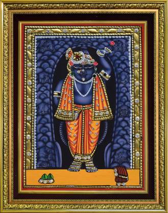 Mukund Arts Shreenathji Shrinathji Kesar snan hand wood painting gold leaf small wood painting with frame Oil 1.5 inch x 12 inch Painting
