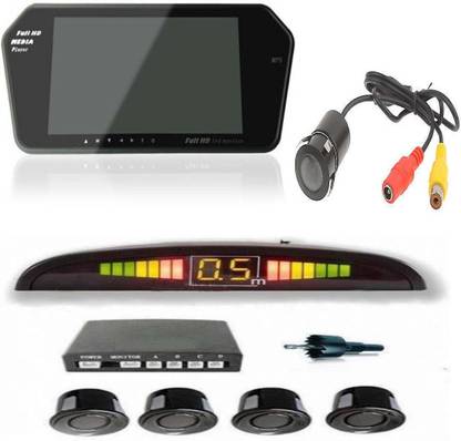 RWT 7 inch Full HD Car Video Monitor with USB & Bluetooth +Reverse Parking Camera + Black Reverse Car Parking Sensor for Universal Car Reverse Assist Camera System