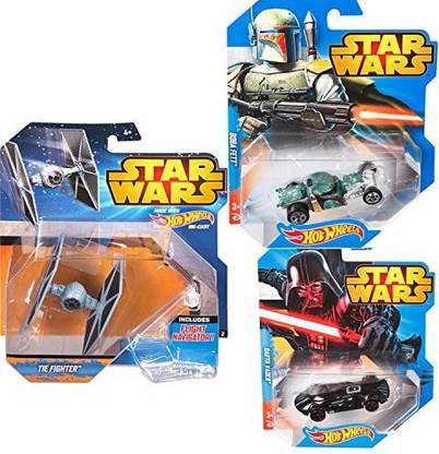HOT WHEELS Star Wars Dark Darth Vader Tie Fighter Ship Villain Character Car Set, Star Ship Darth Vader, Boba Fett