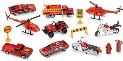 Generic Rescue Vehicles Emergency Fire Set, 15 Piece Diecast Vehicles Including; Helicopters, Motorcycles, Recovery Vehicles, Road Sign, Fire Truck, Fire Hydrant, Pickup Truck, Barricade And Cone - By Kidsco
