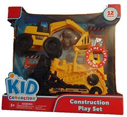 Kid Connection Construction Play Set two trucks bulldozer and Scraper with plastic rocks pylons and barricades Gift Toy for Boys Gift Set